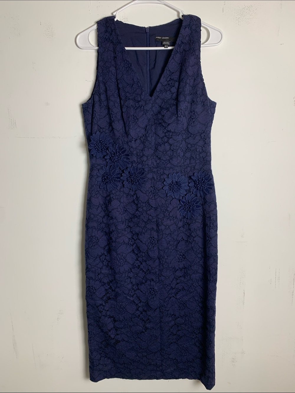 Maggy London Navy Floral Lace Midi Sheath Dress